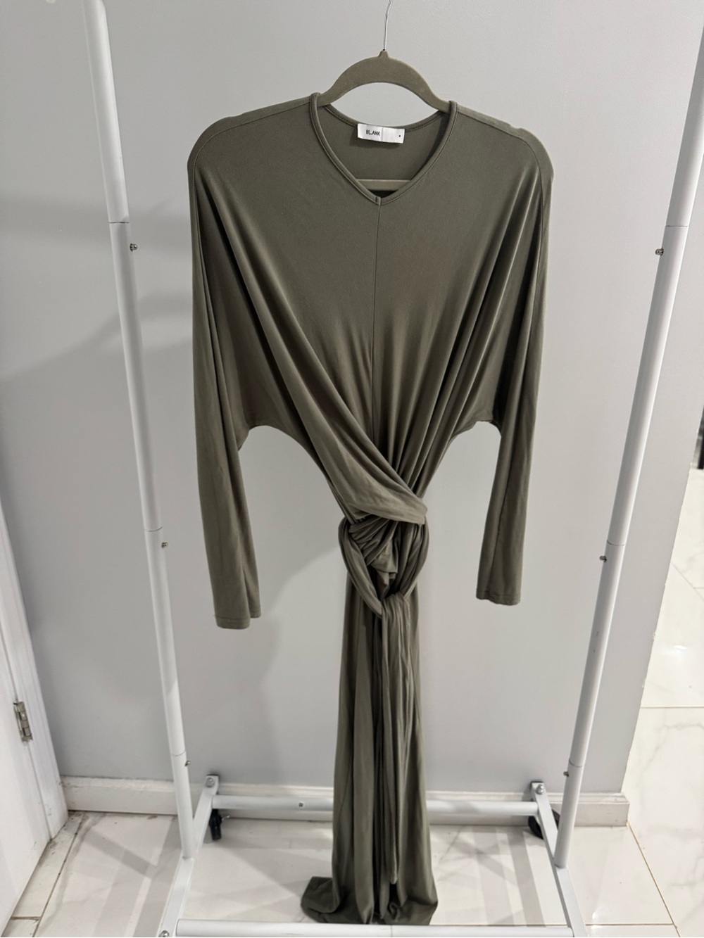 DRESS BLANK Olive Green Draped Knot Maxi Dress size M